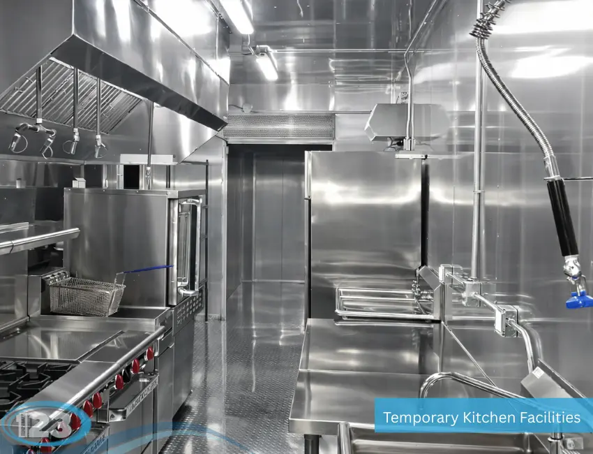 Interior of a highly polished, stainless steel commercial temporary kitchen facility featuring an industrial stovetop, deep fryer, commercial oven, prep tables, and overhead ventilation.